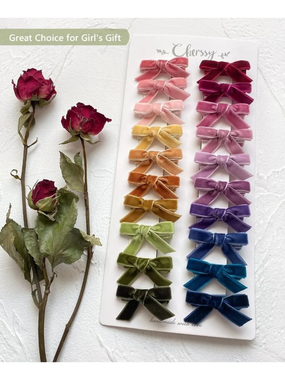 20pcs Velvet Mini Hair Bows for Baby Girls | Handmade Non-Slip Toddler Clips